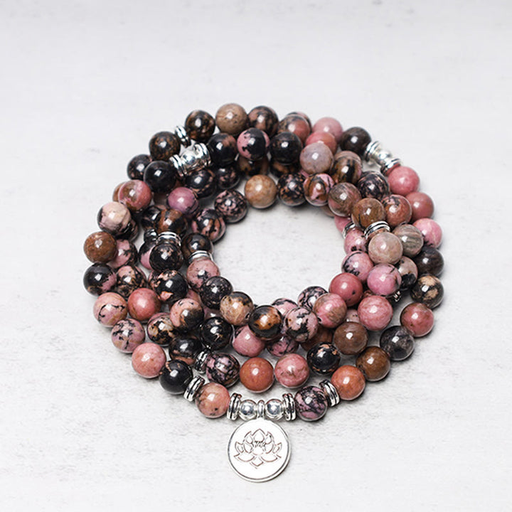 Buddha Stones 108 Koralików Mala Rodonit Lotos Współczucie Bransoletka Energetyczna