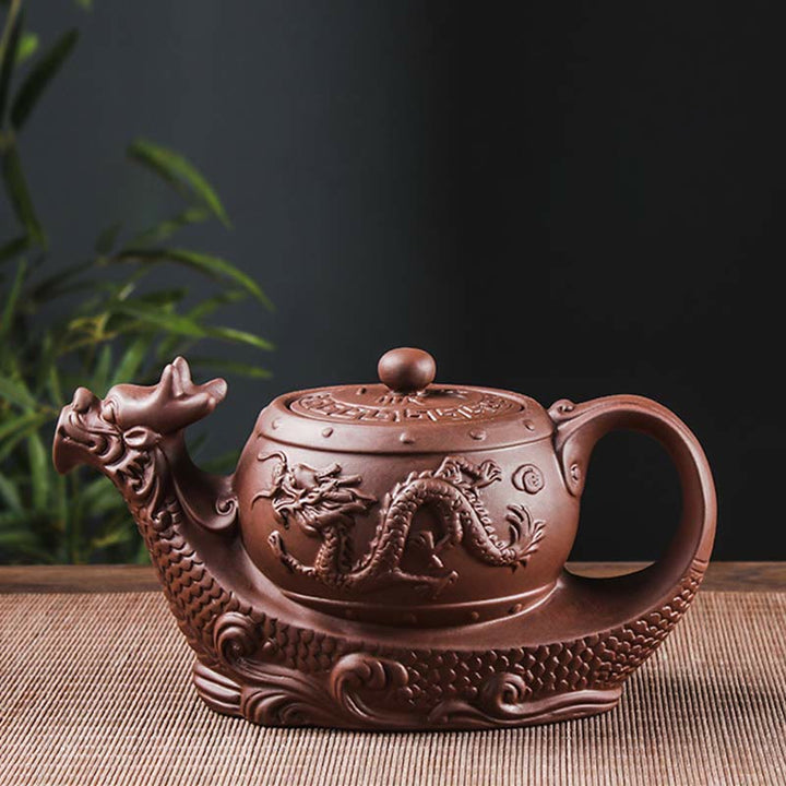 Buddha Stones Vintage Dragon Pomyślne Chmury Fioletowa Glina Ceramiczny Czajnik