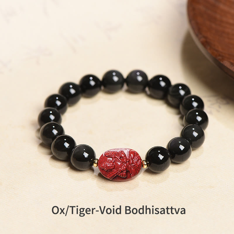 Buddha Stones Chiński Zodiak Natal Budda Naturalny Czarny Obsydian Cynober Oczyszczająca Bransoletka