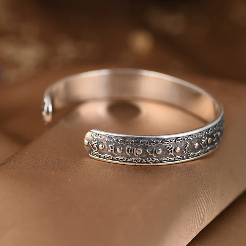 Buddha Stones 925 Srebro Sterlingowe Om Mani Padme Hum Podwójna Dorje Grawerowana Mądrość Bransoletka Mankiet Bangle
