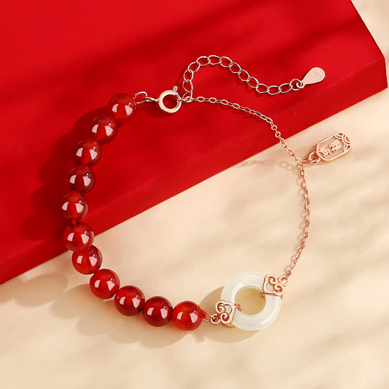 Buddha Stones 925 Sterling Silver Natural Red Agat White Jade Peace Buckle Confidence