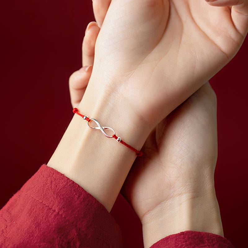Buddha Stones 925 Srebro Sterlingowe Endless Knot Protection Luck Bransoletka z czerwonego sznurka Anklet