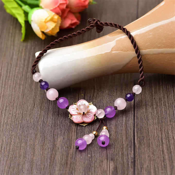 Buddha Stones Naturalny Ametyst Różowy Kryształ Kwarcowy Charm Lucky Healing Anklet