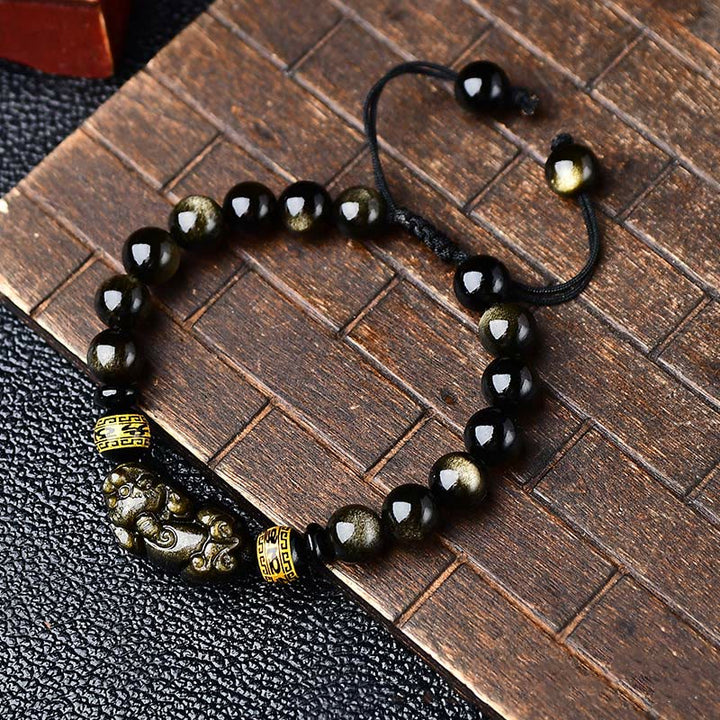 Buddha Stones Naturalny złoty połysk Obsydian PiXiu Om Mani Padme Hum Bogactwo pleciona bransoletka