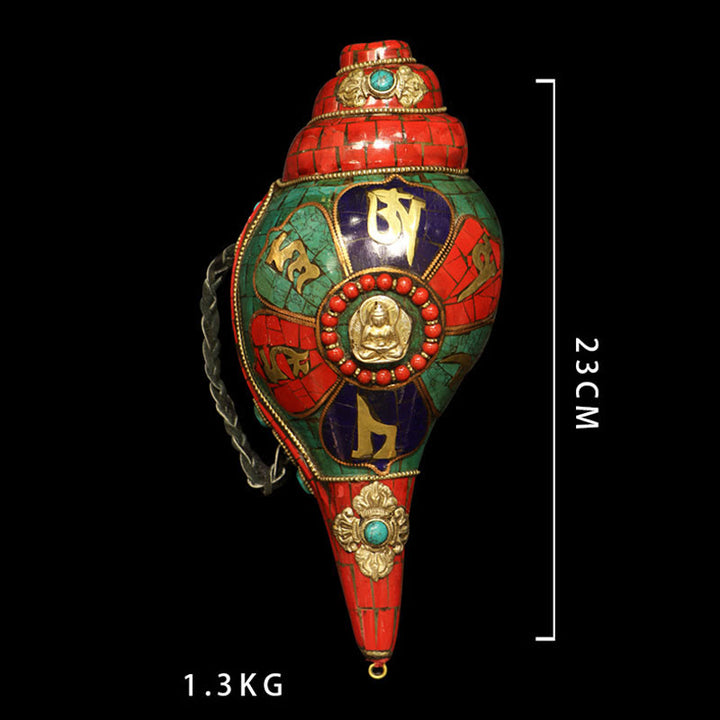 Tybetańska, ręcznie robiona Shankha Om Mani Padme Hum Budda Muszla Muszla Przynosząca szczęście dekoracja - image 15