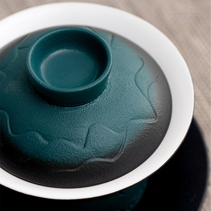 Buddha Stones Retro Niebieski Ocean Fale Morskie Gradient Ceramiczny Gaiwan Sancai Filiżanka Kung Fu Filiżanka I Spodek Z Pokrywką