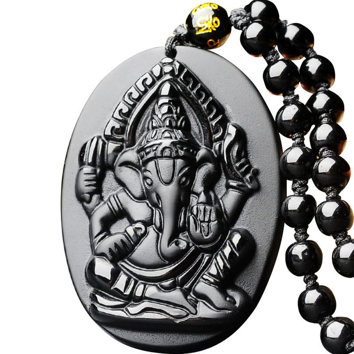 Buddha Stones Tybetański Obsydian Ganesh Ganpati Słoń Bogactwo Amulet Naszyjnik