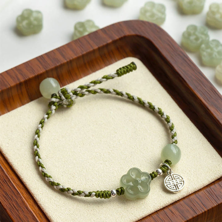 Buddha Stones Ręcznie Robione Plum Blossom Kwiat Jadeit Szczęście Dobrobyt Bransoletka Pleciona