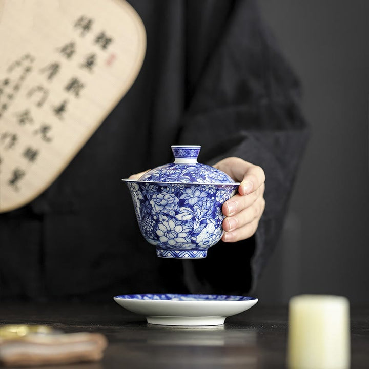 Buddha Stones Vintage Niebieski I Biały Porcelana Ceramiczna Gaiwan Sancai Filiżanka Kung Fu Filiżanka I Spodek Z Pokrywką
