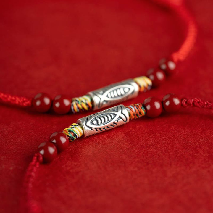 Buddha Stones 925 Srebro Sterling Ryba Koi Koralik Cynober Bogactwo Ręcznie Robiona Bransoletka Pleciona Bransoletka na Nogę