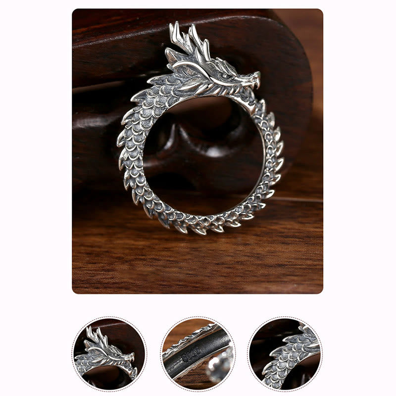 Buddha Stones 925 Srebro Sterlingowe Vintage Dragon Sukces Ochrona Siła Regulowany Pierścień