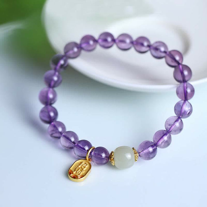 Buddha Stones Naturalny Ametyst Kryształ Hetian Jade Healing Charm Bransoletka