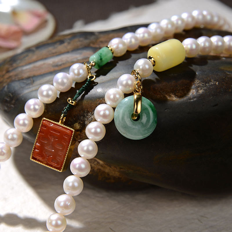 Buddha Stones 925 Srebro Sterlingowe Perła Hetian Jade Czerwony Agat Podwójne Szczęście Bursztyn Szczęście Bransoletka Czterokrotnie Owijana