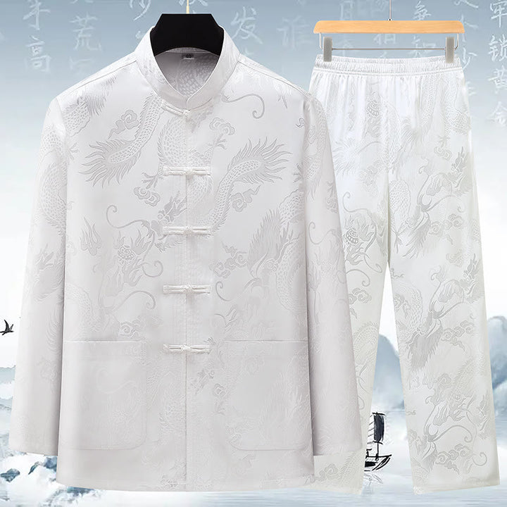 Buddha Stones Tang Suit Mężczyźni Hanfu Chiński Smok Tradycyjne Ubrania Kung Fu Koszula Jednolity Długi Rękaw Płaszcz Bluzki i Spodnie Odzież Męska Zestaw - Biały - US/UK/AU42， EU52 (3XL) - image 16
