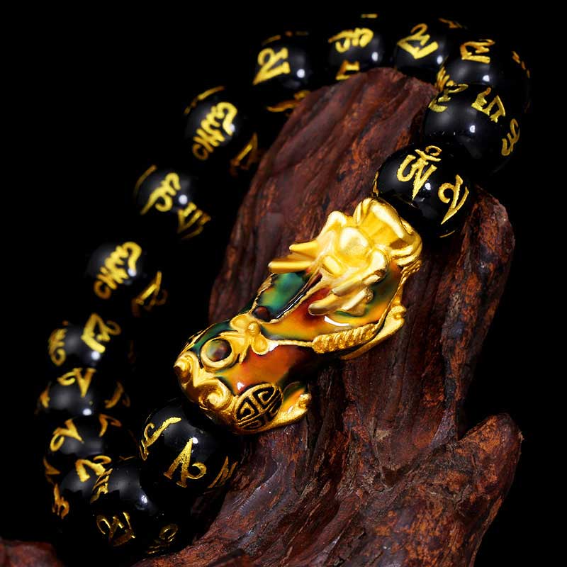 FengShui PiXiu Obsidian Om Mani Padme Hum Bransoletka Bogactwa