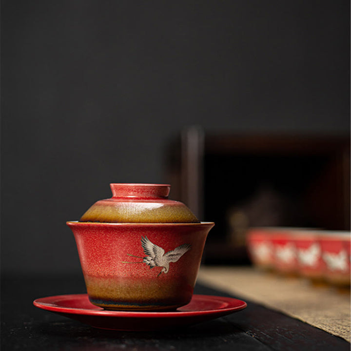 Buddha Stones Czerwony Pomyślny Żuraw Ceramiczny Gaiwan Sancai Filiżanka Kung Fu Filiżanka I Spodek Z Pokrywką