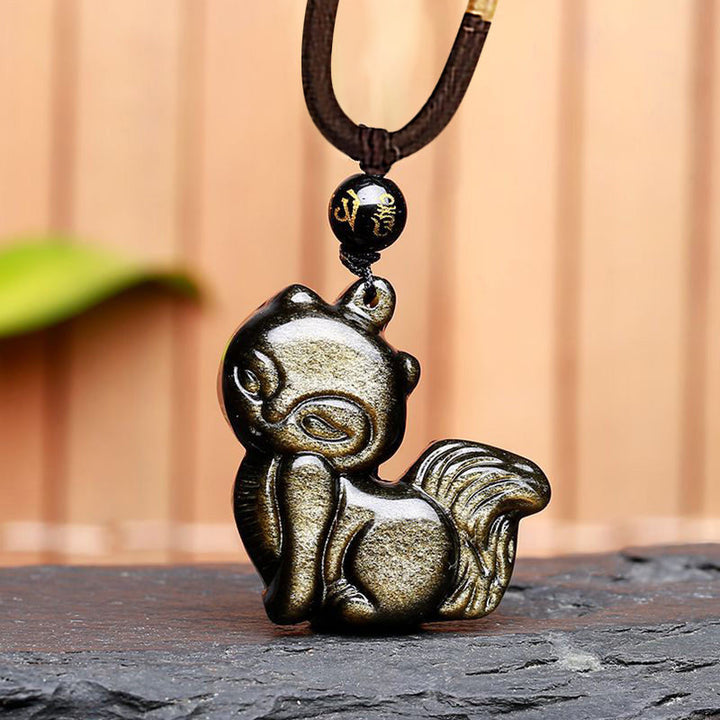 Buddha Stones Naturalny Tęczowy Obsydian Złoty Połysk Obsydian Dziewięcioogonowy Lis Pozytywny Naszyjnik Wisiorek