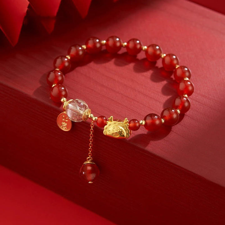 Buddha Stones Rok Smoka Pierożek Naturalny Czerwony Agat Granat Hetian Jade Fu Charakter Szczęście Sukces Bransoletka