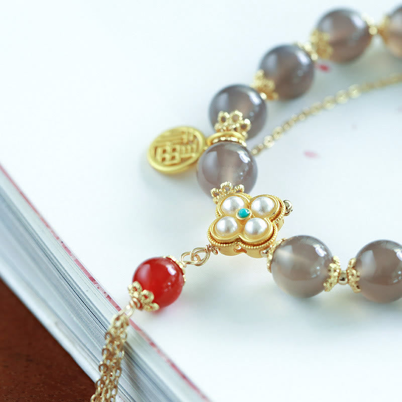 Bransoletka z pereł Fu Character Tassel Balance z Buddha Stones w kolorze szarym i agatem