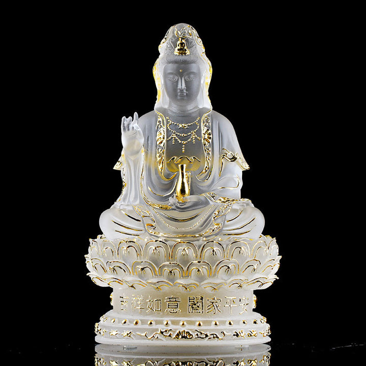 Buddha Stones Kwan Yin Awalokiteśwara Ręcznie robiona figurka Liuli Kryształowe dzieło sztuki Statua bogactwa Ofiara domowa Dekoracja - 15,5 cm Biało-złoty - image 8