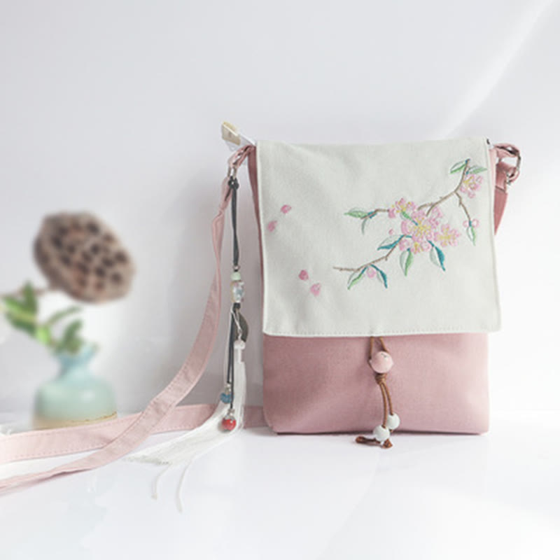Buddha Stones , ręcznie haftowane kwiaty śliwkowe, płócienna torba typu crossbody, torba na ramię