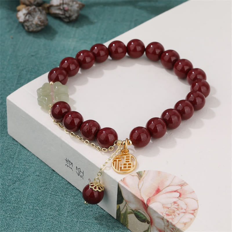 Buddha Stones Cynober Fu Charakter Hetian Jade Szczęśliwa Czterolistna Koniczyna Błogosławieństwo Bransoletka
