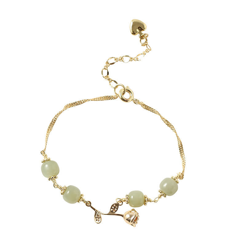 Bransoletka z łańcuszkiem szczęścia z Buddha Stones 14K pozłacana jadeitem hetian i złotą różą