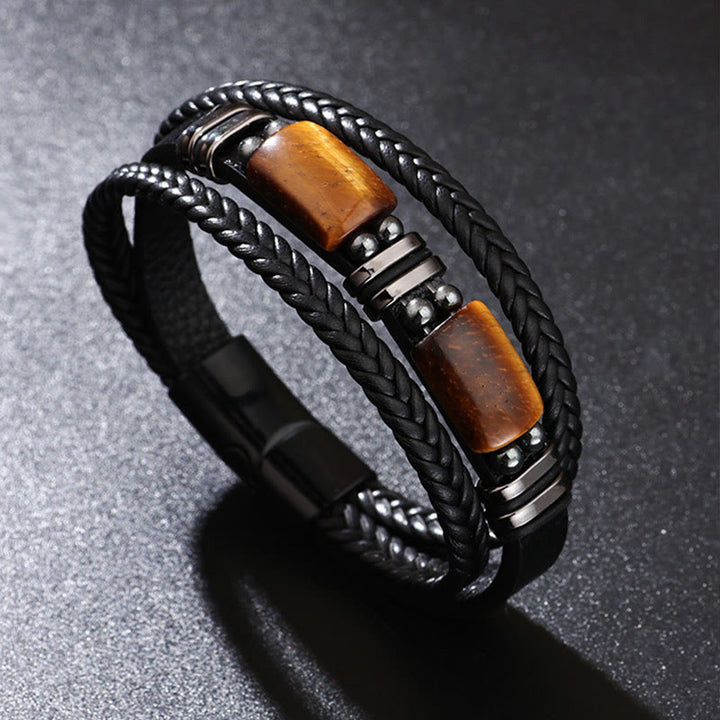 Bransoletka ze skóry wielowarstwowej z zapięciem magnetycznym i Buddha Stones Tiger Eye Power