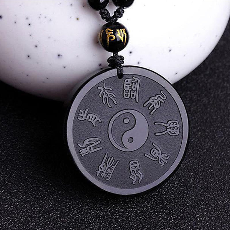 Buddha Stones Naturalny Czarny Obsydian Taoizm Pięć Świętych Gór Dziewięcioznakowa Mantra Rzeźbiona Siła Yin Yang Naszyjnik Wisiorek Brelok - image 6