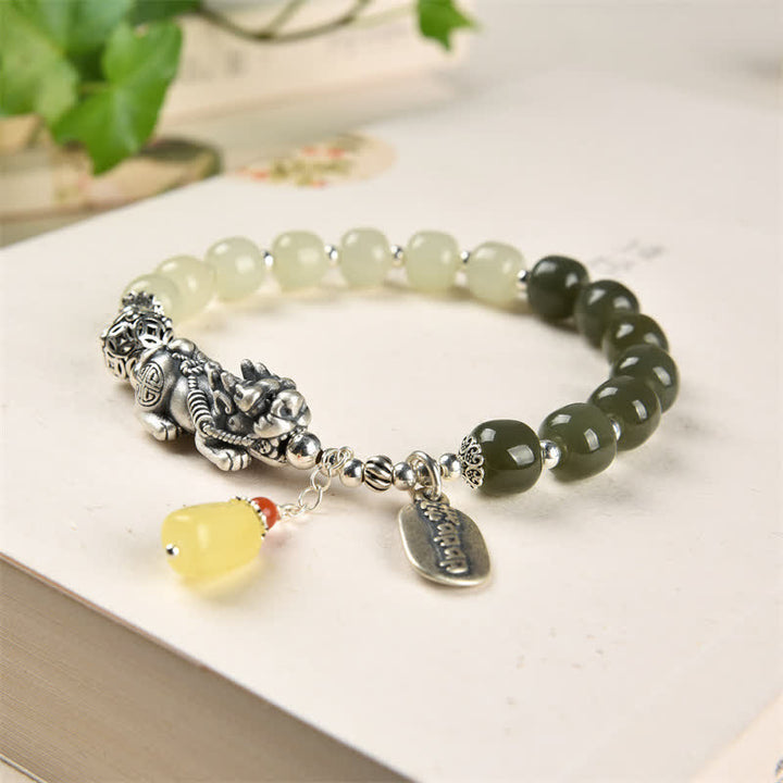 Buddha Stones 925 Srebro Sterling Naturalny Hetian Jade Bursztyn Bransoletka PiXiu Luck