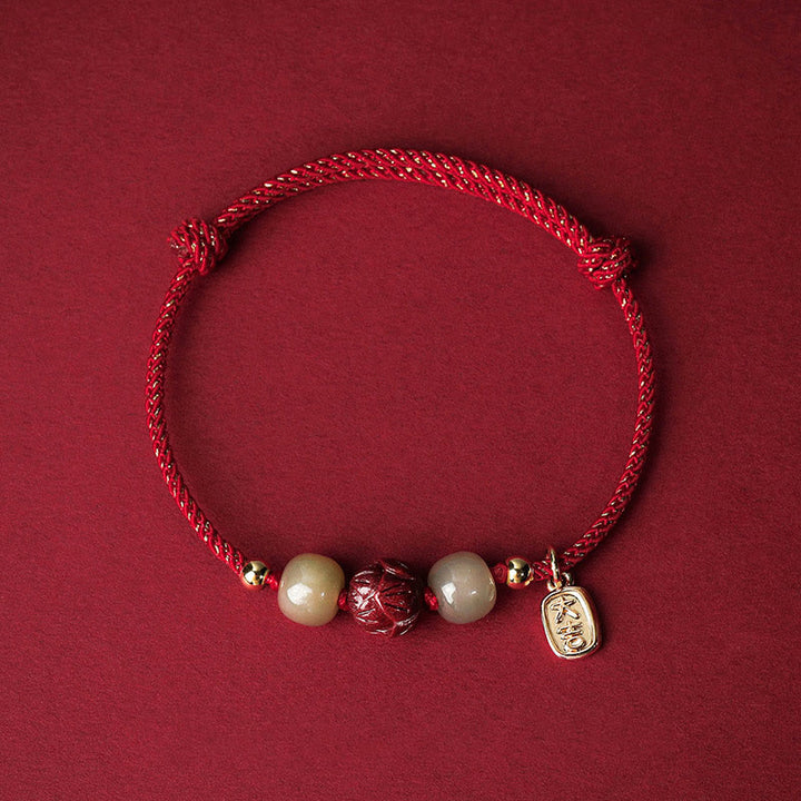 Buddha Stones 14K pozłacane Hetian Jade Cynober Lotos Szczęście Bransoletka Ręcznie Robiona z Linii - Czerwona lina (obwód nadgarstka 13-18 cm) - image 0