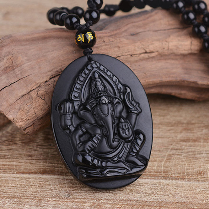 Buddha Stones Tybetański Obsydian Ganesh Ganpati Słoń Bogactwo Amulet Naszyjnik