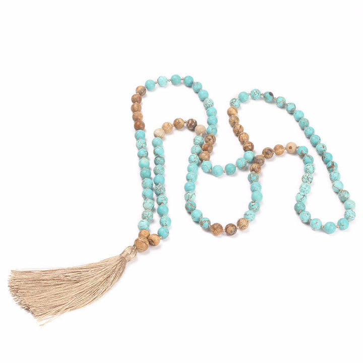 Buddha Stones 108 Mala Koraliki Turkusowy Obrazek Jaspis Mądrość Bransoletka Tassel