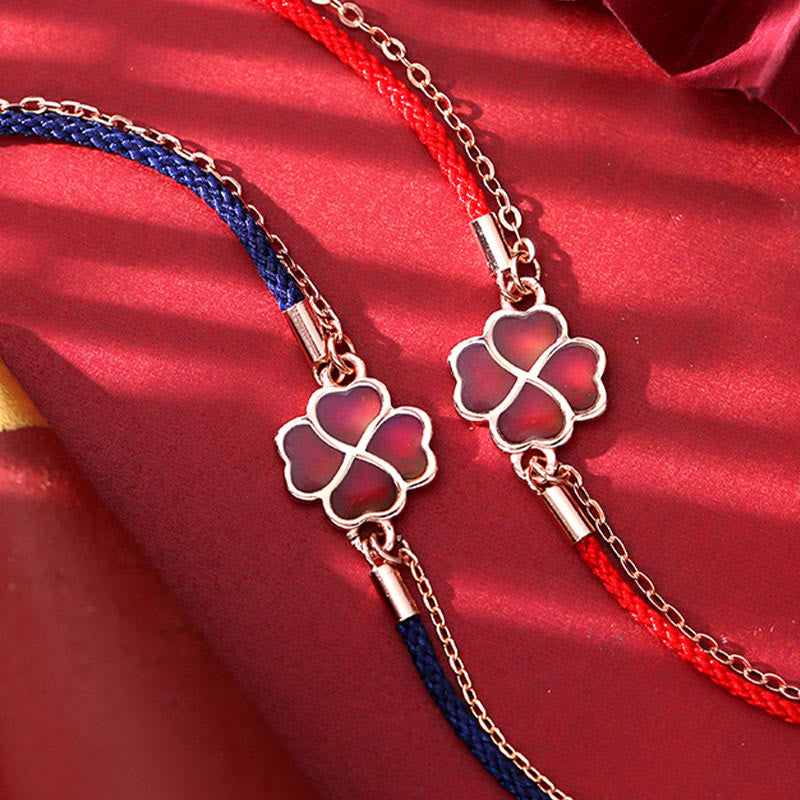 Bransoletka Buddha Stones 925 Sterling Silver Color Changing Four Leaf Clover Luck Protection Red String