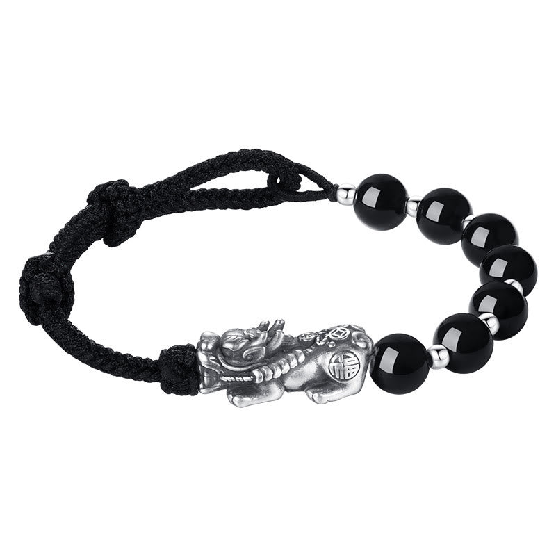Buddha Stones 999 Srebro Sterlingowe FengShui PiXiu Naturalny Czarny Obsydian 925 Srebro Sterlingowe Koraliki Siła Bransoletka