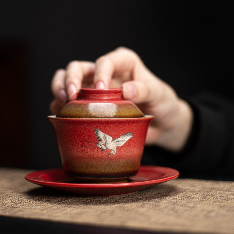 Buddha Stones Czerwony Pomyślny Żuraw Ceramiczny Gaiwan Sancai Filiżanka Kung Fu Filiżanka I Spodek Z Pokrywką