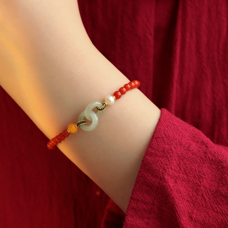 Buddha Stones Natural Red Agat Hetian Jade Double Peace Buckle Confidence