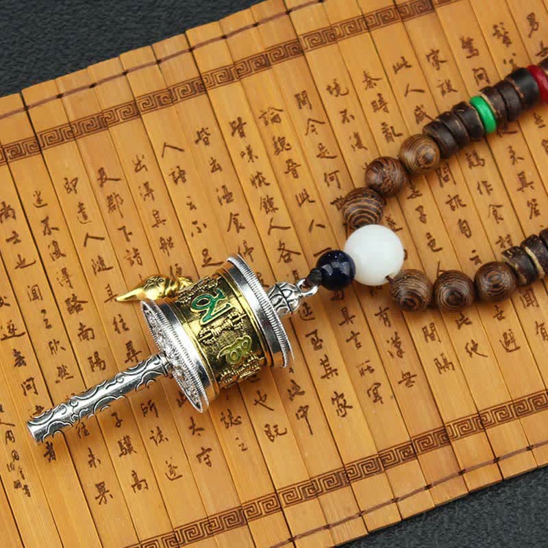 Buddha Stones Tybetańskie Om Mani Padme Hum Modlitewne Koło Obrotowe Naszyjnik Wisiorek z Drewna Vajra - image 7