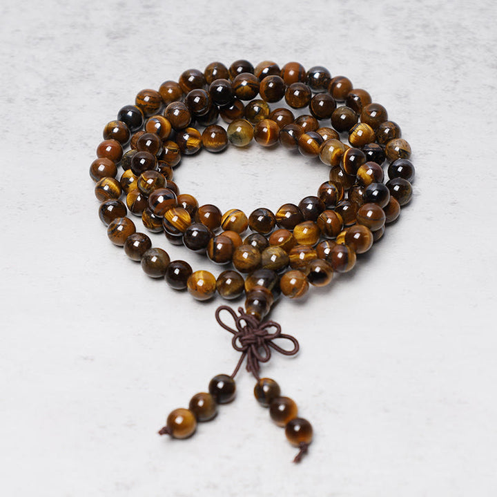 Buddha Stones Tybetańskie 108 Naturalne Koraliki z Tygrysiego Oka Modlitwa Mala Bransoletka Naszyjnik