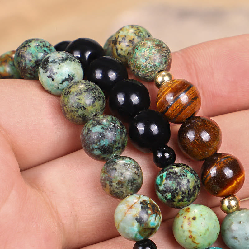 Buddha Stones 108 Koraliki Mala Naturalny Kamień Tygrysie Oko Turkus Ochrona Siła Bransoletka Naszyjnik