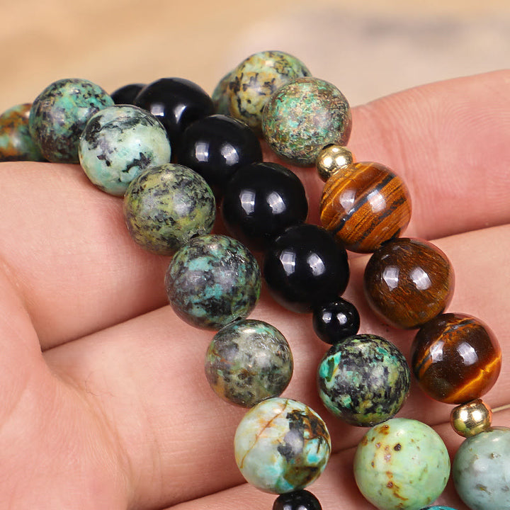 Buddha Stones 108 Koraliki Mala Naturalny Kamień Tygrysie Oko Turkus Ochrona Siła Bransoletka Naszyjnik