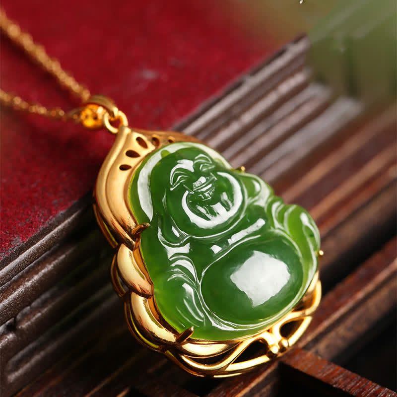 925 Srebro Sterling Naturalny Hetian Cyan Jade Śmiejący się Budda 18K Złoty Naszyjnik Uzdrawiający Łańcuszek Wisiorek - image 2