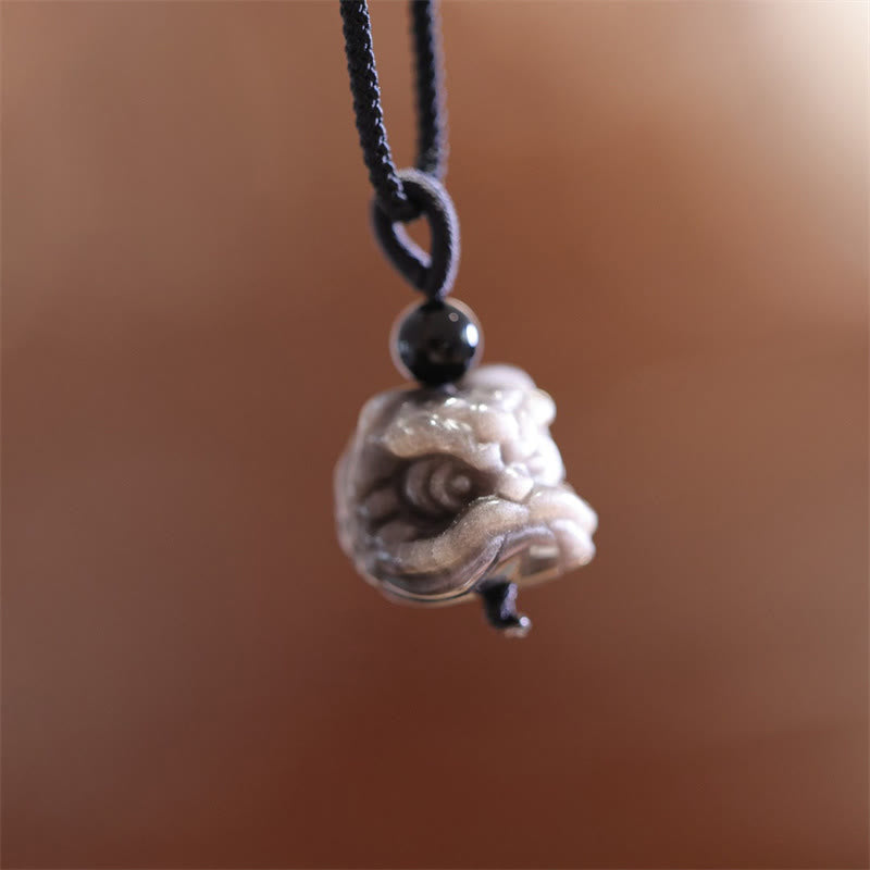Buddha Stones Naturalny Srebrny Połysk Obsydian Tańczący Lew Naszyjnik Wisiorek Ochrona