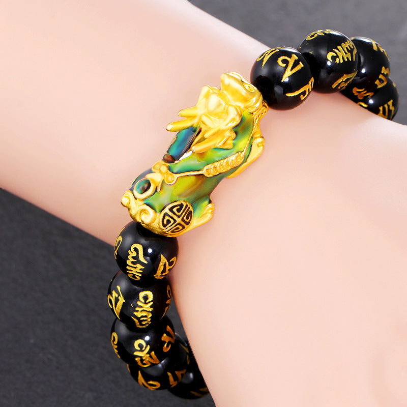 FengShui PiXiu Obsidian Om Mani Padme Hum Bransoletka Bogactwa