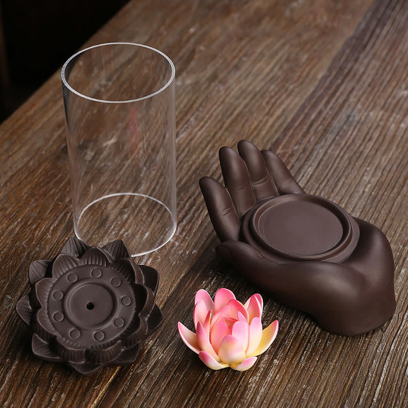 Buddha Stones Ręka Buddy Lotos Oświecenie Światło LED Fioletowa Glina Ceramiczna Kadzielnica Dekoracja