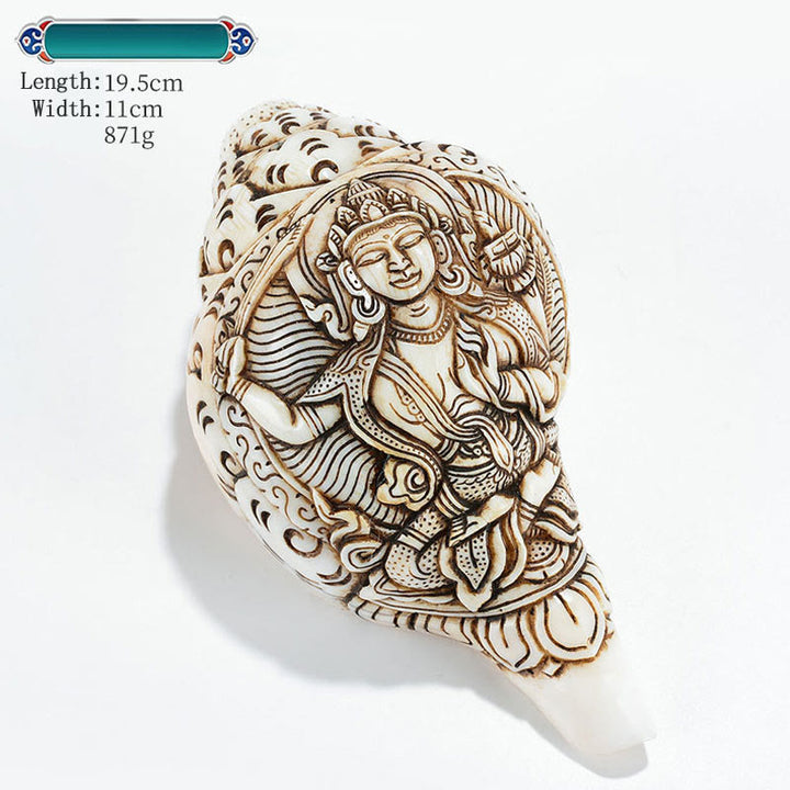 Tybetańska, ręcznie grawerowana dekoracja buddy Shankha Awalokiteśwary z muszli - Mandziuśri 15,9*11 cm - image 30