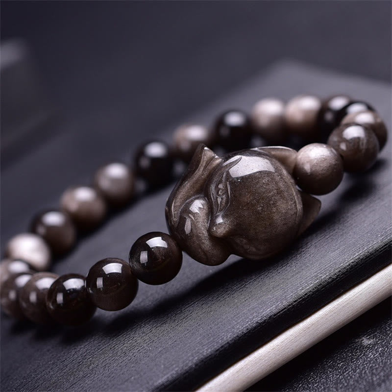 Bransoletka ochronna z naturalnego srebrnego połysku z obsydianu i lisa z Buddha Stones