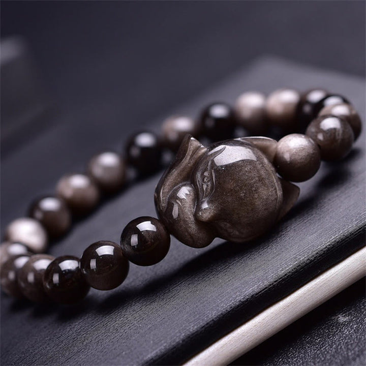 Bransoletka ochronna z naturalnego srebrnego połysku z obsydianu i lisa z Buddha Stones