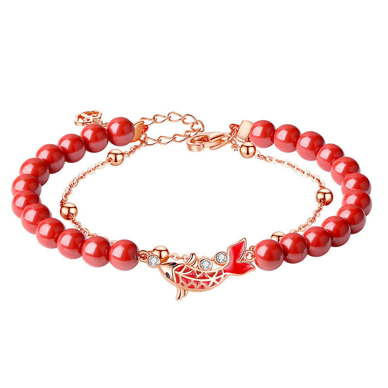 Bransoletka z podwójnym łańcuszkiem Buddha Stones 925 Sterling Silver Lucky Koi Fish Cinnabar Zircon Prosperity