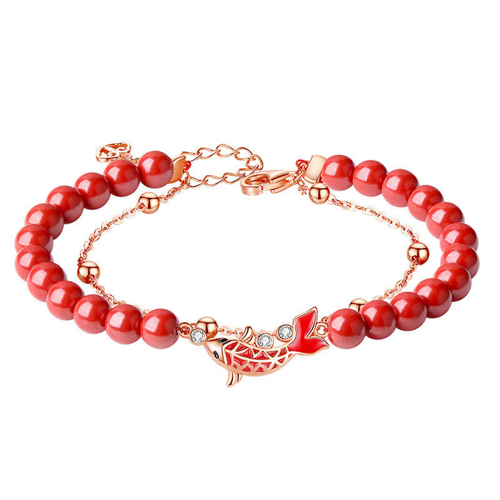 Bransoletka z podwójnym łańcuszkiem Buddha Stones 925 Sterling Silver Lucky Koi Fish Cinnabar Zircon Prosperity